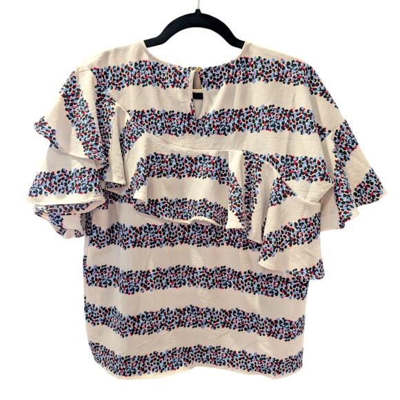 Mudpie Ruffle Sleeve Blouse M Cream Blue Red Dotted Stripe Textured Boho Top - Picture 2 of 7